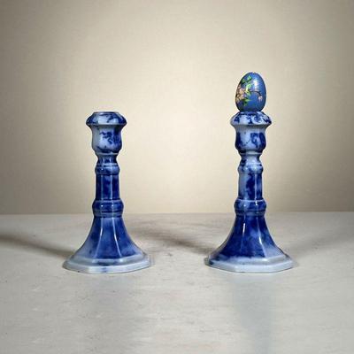 Pair Blue & White Candlesticks | Pair of Simpsons Ltd Museum Collection blue and white porcelain candlesticks; made in England; marked on...