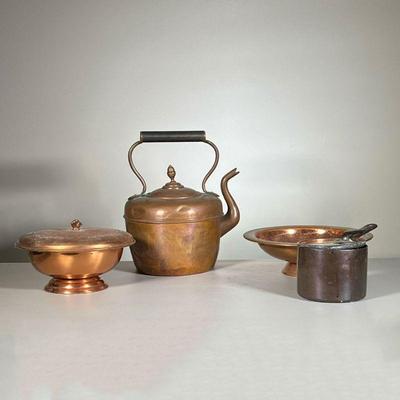 (4pc) Copper Items | Includes large teapot, bowl with pedestal, lidded sauce pot, and lidded serving dish. - h. 12 x dia. 9 in (teapot) 