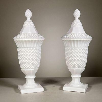 Pair White Jars | Pair of acorn textured white urns / jars. - h. 15 in (each) 