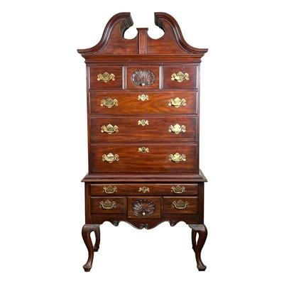 Henkel Harris Highboy | Highboy by Henkel Harris - Virginia Galleries, with shell carvings; comes apart into three pieces: base, chest of...