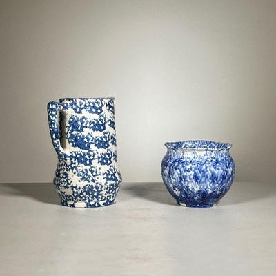 (2pc) Blue & White Pottery Vessels | Two abstract painted blue and white ceramic pieces: one tall pitcher and one pot. - h. 9 x dia. 4.5...