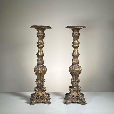 (2pc) Pair Composition Torchieres | Razz Imports candle stands painted with scroll and rococo devices; floor or tall table top...
