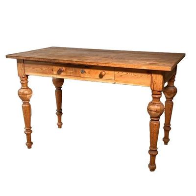 Rustic Light Pine Desk | Great color, rustic turned legs, with wood board top and a single drawer. - l. 48 x w. 27 x h. 30.5 in 
