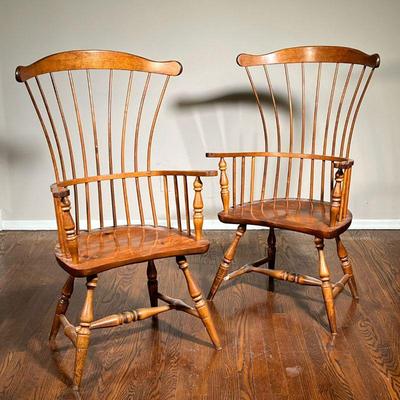 (2pc) Pair Sack Back Windsor Armchairs | l. 17 x w. 27 x h. 46 in 