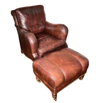 Whitemore Sherrill Ltd. Leather Armchair & Ottoman | Leather armchair with matching ottoman on casters; 28 x 20 x 17 (ottoman). - l. 40 x...