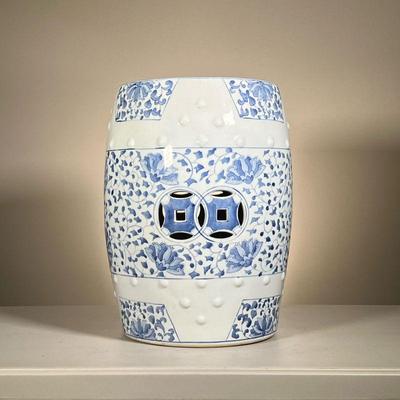Chinese Garden Seat | Blue and white garden seat with scrolling floral pattern. - h. 19 x dia. 13 in