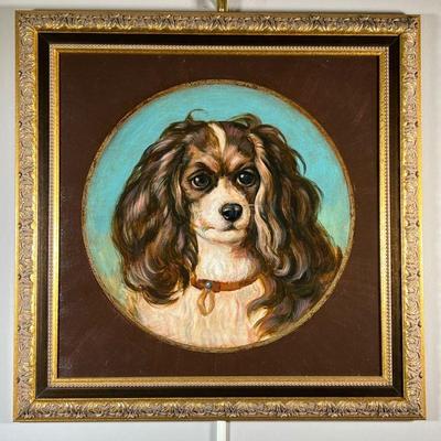 OIL PAINTING OF DOG | Regal portrait in tondo of a very good King Charles Cavalier dog; gilt frame. - w. 25 x h. 24.75 in (overall) 