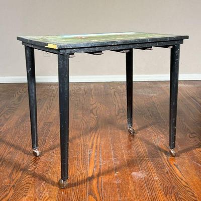 Hunt Painted Side Table | Black painted table with painted fox hunting scene on the top surface, showing riders and dogs; on casters. -...