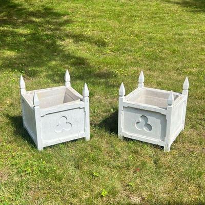 Pair Of Planters | Pair of wood planters painted white with four posts at each corner and a clover-shaped cutout on the side. - l. 19 x...