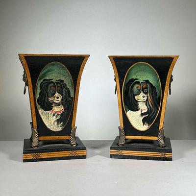 Pair Tole Planters | A pair of hand-painted tole planters with King Charles cavalier dogs . - l. 7 x w. 7 x h. 11 in (each) 