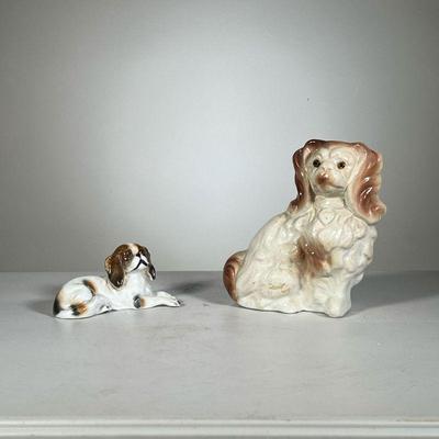 (2pc) Porcelain Dog Figures | Two porcelain King Charles cavalier dog figures, one with impressed stamp mark 