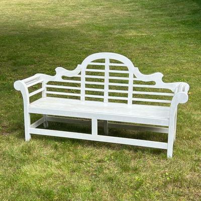 Scroll Bench | White wooden garden bench with scrolled arms and shaped slatted back - Note that a large vehicle is required for pickup! -...