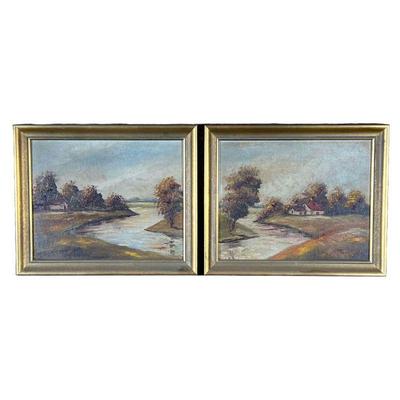 Pair Oil Paintings | Pair of framed oil paintings with landscape scenes, each depicting the same house by a river from different...