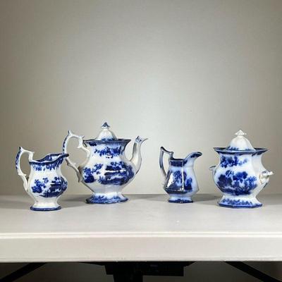 (4pc) Blue & White Floral Vessels | Blue and white porcelain vessels including: lidded teapot; Ironstone Pelew polygonal creamer;...