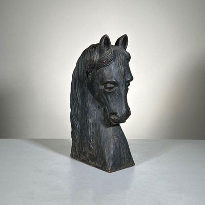 Carved Horse Bust | Carved wood horse bust with felt bottom, in black paint. - l. 9 x w. 4.5 x h. 18 in 