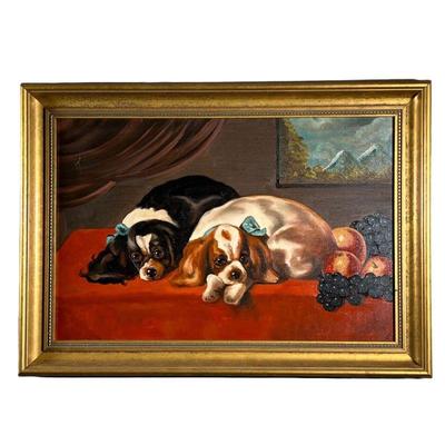 Oil Painting Of Dogs | Oil on canvas painting of two King Charles cavalier dogs en repose with fruit, with mountainous landscape in...