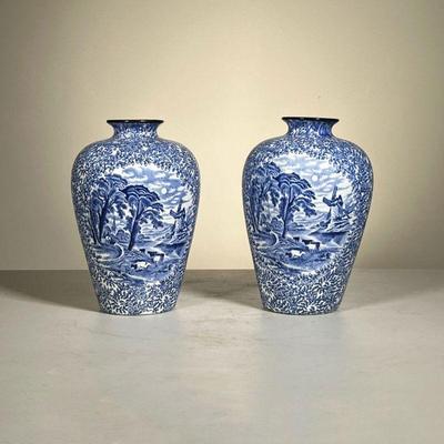 Pair Blue & White Vases | A pair of J Kent Fenton Olde Foley Ware Blue and White Vases, made in England; depicting a matching pastoral...