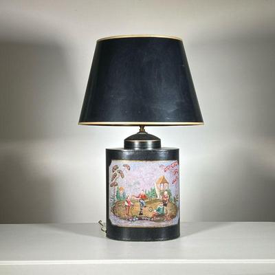 Painted Tole Lamp | Cylindrical black table lamp, painted toleware depicting Chinese children playing in a yard. - h. 28 x dia. 15 in...