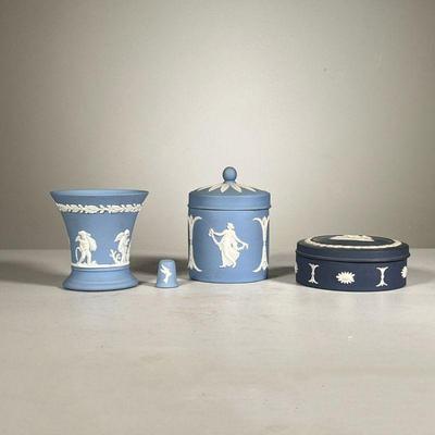 (4pc) Wedgwood Pieces | Four piece Wedgwood England blue and white matte finish Greco-Roman motif collection, includes: angel motif cup;...