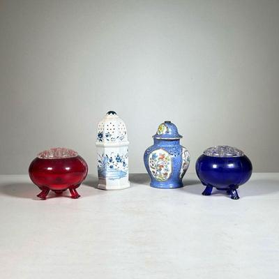 (4pc) Fragrance Jars | One Aerozon D.R.G.M #47 (missing pieces); pair of round glass lidded jars (red and blue); and one blue and white...