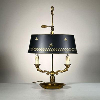 Brass Candlestick Lamp | Two arm brass candlestick lamp with black tole shade and arrow feather finial. - w. 14 x h. 23 in (overall) 