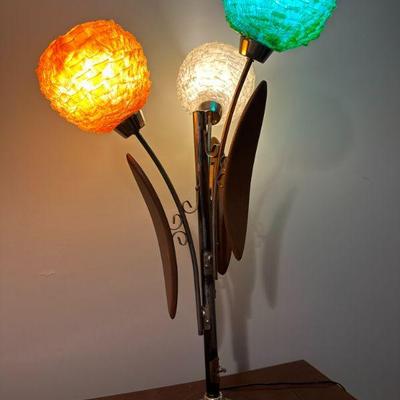 MCM Mid-Century Danish Modern Walnut Floor Lamp with Spaghetti Spun Colored Globes