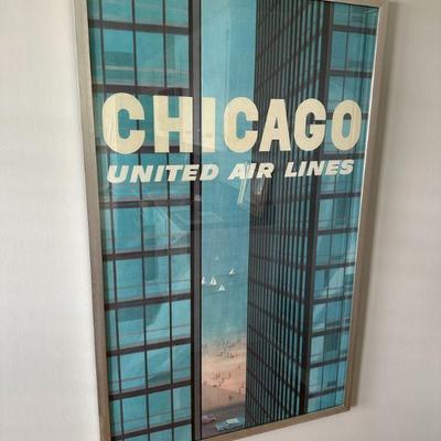 1950s United Airlines Vintage Chicago Destination Poster, Printed on Linen