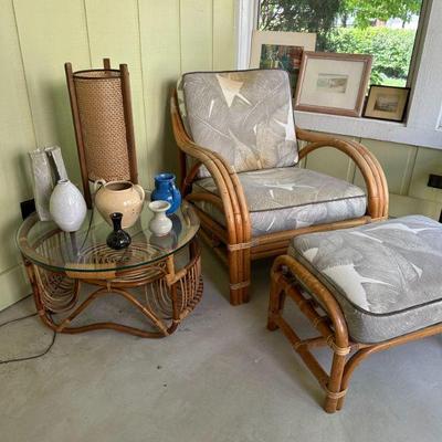 Round Bohemian Chic Bend & Wooven Bamboo Glass Top Coffee Table Magazine Stand With Bamboo Arm Chair & Ottoman