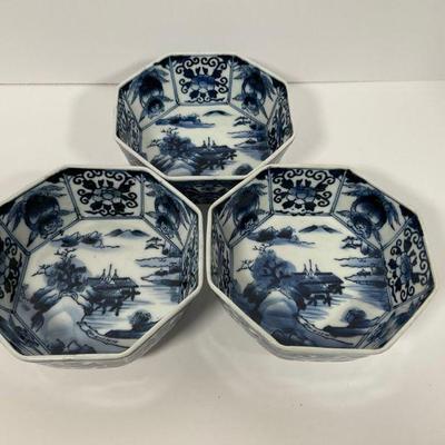 3 Japanese Blue & White Porcelain Bowls