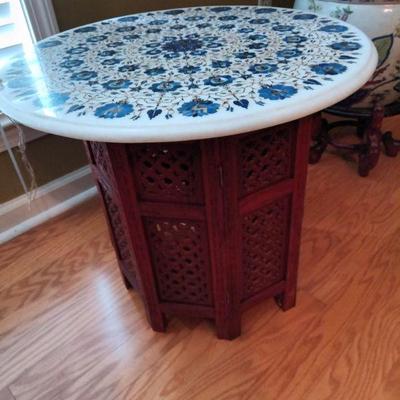 Beautiful White Marble Table with stone inlay designs and folding wood base. VERY HEAVY!