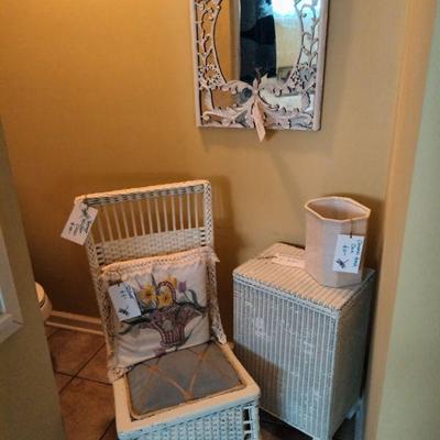 Vintage wicker chair and hamper.