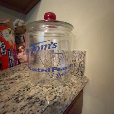 Vintage Blue Tomâ€™s Toasted Peanuts Glass Counter Jar With Lid Red Embossed Knob