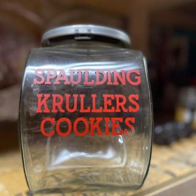 Vintage SPAULDING KRULLERS-COOKIES Advertising Glass Jar Side Loading
