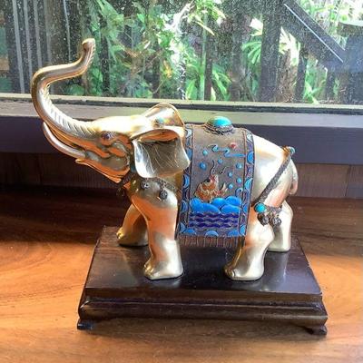 PFG083 Metal Brass Looking Elephant With Semi Precious Looking Stone Inlays 