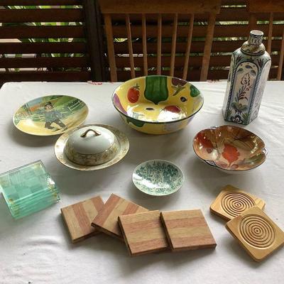 PFG046 Various Ceramic Dishes & Vase And Handcrafted Wooden & Glass Coasters 