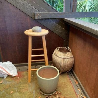 PFG161- Wooden Stool, Clay Pot, Woven Basket, And Rock 