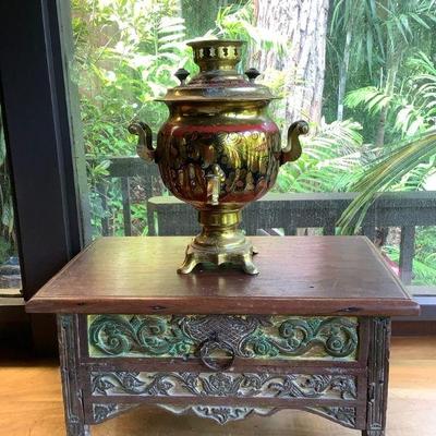 PFG076 Vintage Russian Samovar & Small Carved Wooden Cabinet