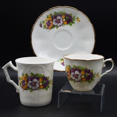 Antique Pansies Patter china tea cups and mug