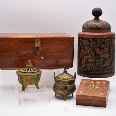 vintage brass incense burners, lacquer and lane cedar mini chest