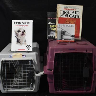 pet carrying crates and cat care books