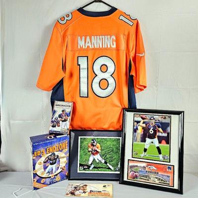 Lot of Denver Broncos Football Items- Signed Manning and Brister Color Photos, Ed McCaffrey Cereal Box, Superbowl VHS