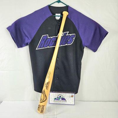 Black Colorado Rockies Jersey (Unknown Size) w/ a Commemorative All-Star LE Baseball Bat 239/1998