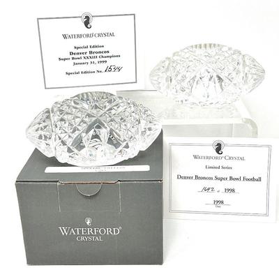 Two Special Edition Waterford Crystal Super Bowl Footballs- Denver Broncos Championship for 1999 & 1998- Limited Series with C.O.A.