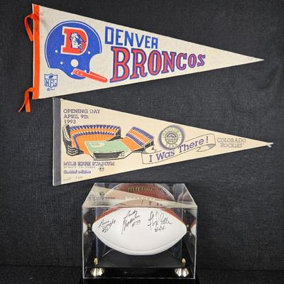 Vintage Bronco Signed Football by Louis Wright, Floyd Little, and Randy Gradishar Plus two Vtg Pennants