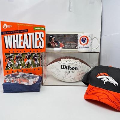  Signed Wilson Football, Empty Vtg. Wheaties Box, May 2nd.1999, Elway Retirement Envelope, Crystal Cigar Ashtray 