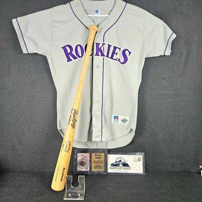 Russell Brand Diamond Collection Rockies Jersey Size 44 w/ Commemorative Coors Field Plaque and Baseball Bat