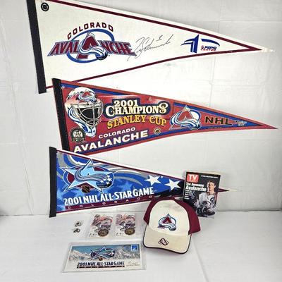 Lot of Colorado Avalanche Hockey Items - Three Pennants, Vtg/ TV Guide, Earrings, Pins and Ball Cap