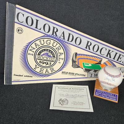 1995 All-Star Colorado Rockies Vinny Castilla Signed Baseball (W/ COA) and 95 Pennant - Ball in Display Case
