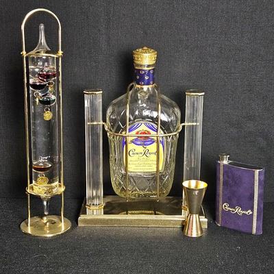 Fun Crown Royal Branded Bottle Holder and Dispenser (Tip Bottle to Pour) Plus Flask, Gold Jigger