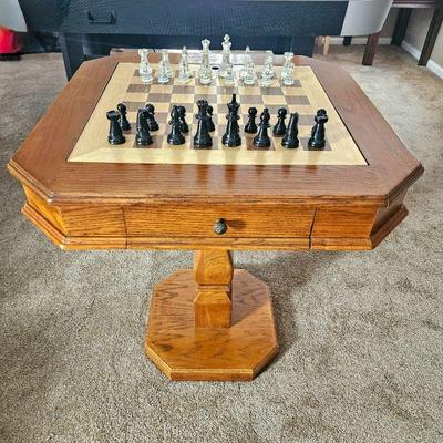 Solid Oak Pedestal Chess/Checkers/Backgammon Table w/ Reversable Top and Storage Drawers 28